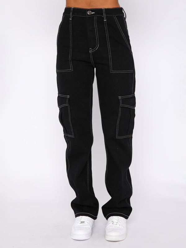 Patchwork straight multi-pocket overalls