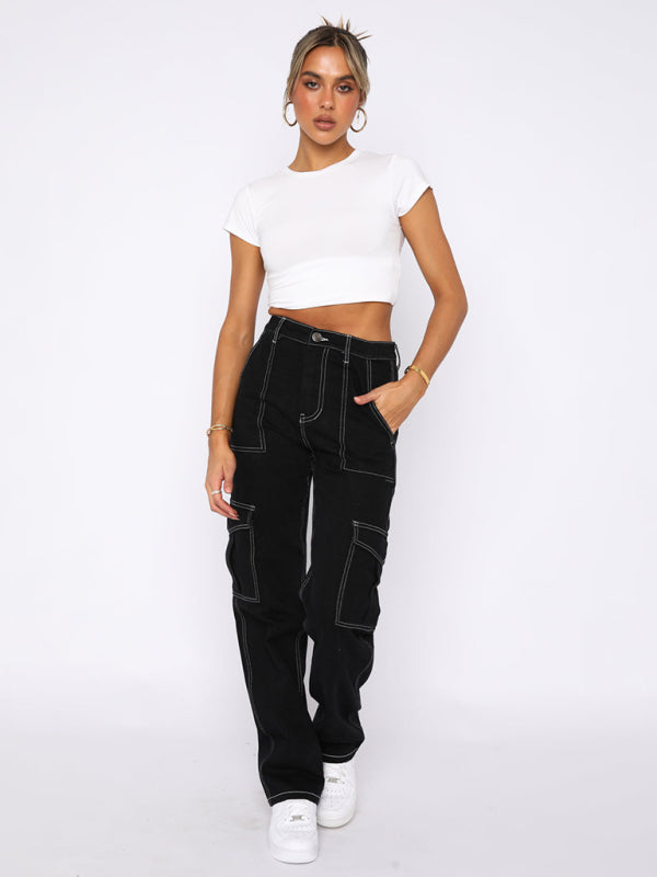 Patchwork straight multi-pocket overalls