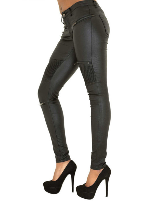 PU skinny multi-zip motorcycle trousers