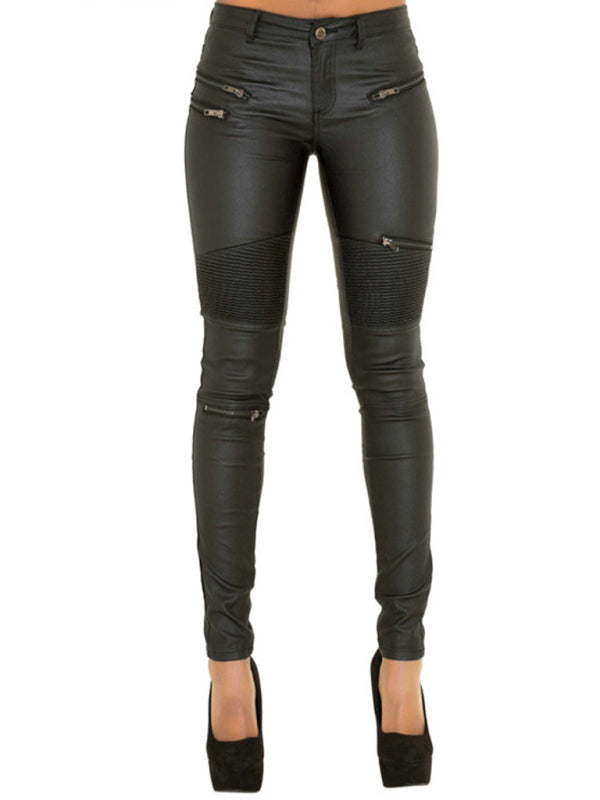 PU skinny multi-zip motorcycle trousers