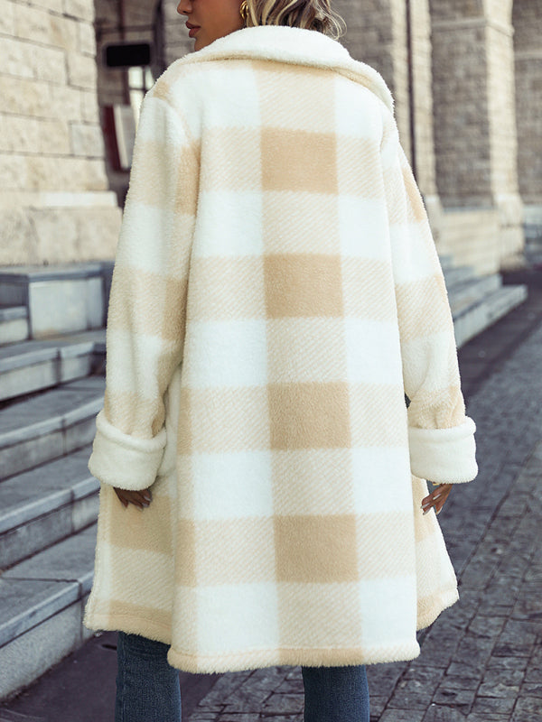 Plaid single-breasted plush coat