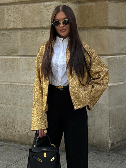 Sequined stand collar jacket