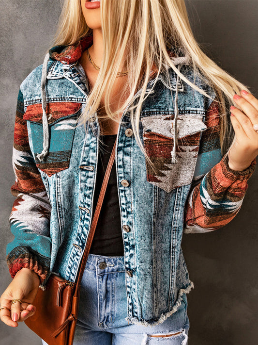 Denim patchwork hooded jacket