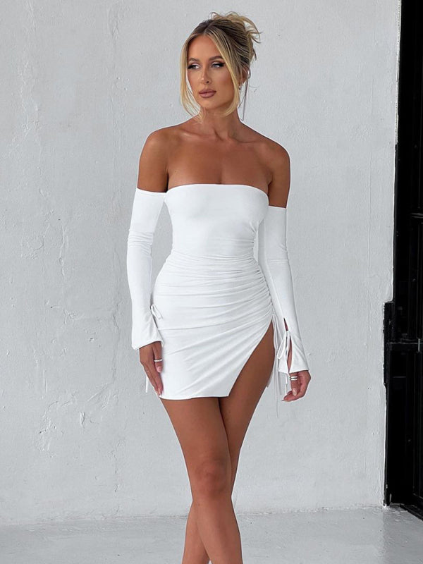 Off-shoulder, wrapped dress with slits