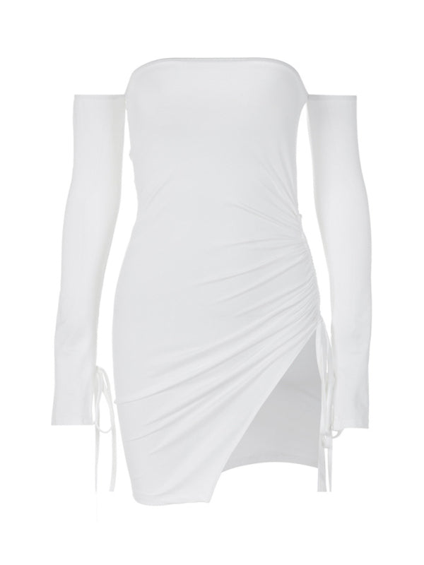 Off-shoulder, wrapped dress with slits