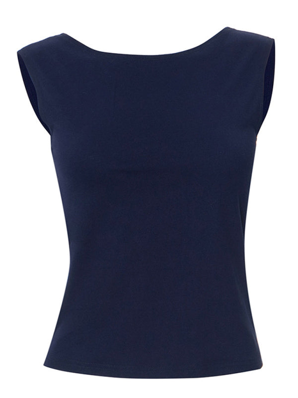 Round neck slim backless top