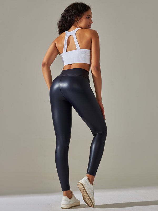 High waist PU leather yoga pants