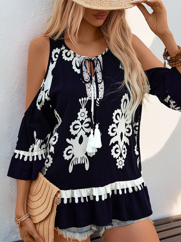 Retro cold shoulder tassel shirt