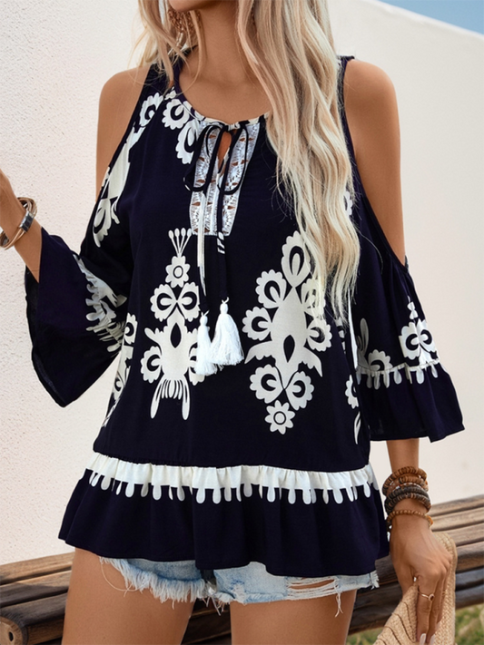 Retro cold shoulder tassel shirt